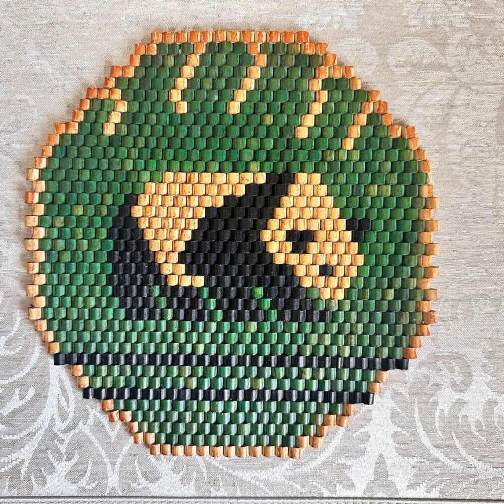 Vintage Wooden Bamboo Beaded Trivet - Green with Panda Bear Design